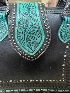 Trinity Ranch-Montana West Black Shoulder Bag, Turquoise Tooled Accents
